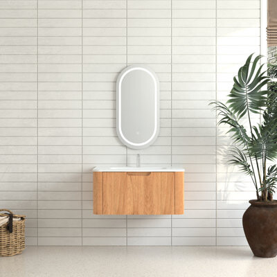 Ebern Designs Wall - Mounted Bathroom Vanity Made Of Solid Wood, 2 Drawers, Walnut Shine, European Design Influence, Space Saving, Leak Basin, Quiet Closing Finish