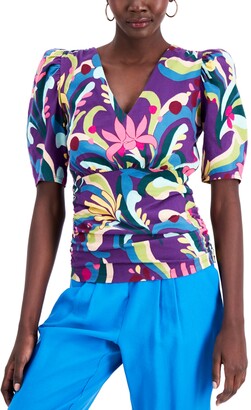 INC International Concepts Petite Printed Puff-Sleeve Cotton Top, Created for Macy's