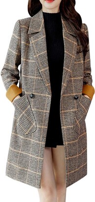 VECDY Womens Winter Jacket Fashion Joker Long Sleeve Top Hooded Pocket Plaid Button Jacket Faux Wool Slim Coat Tops 