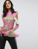 Thumbnail for your product : ASOS DESIGN Top with Ruffle Cold Shoulder in Scenic Print