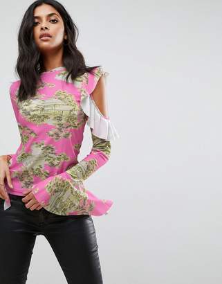 ASOS DESIGN Top with Ruffle Cold Shoulder in Scenic Print