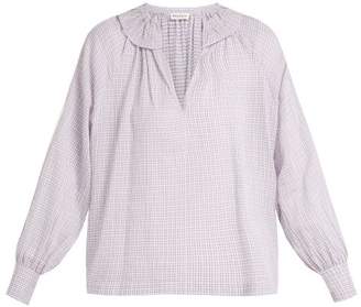 Masscob Bohan Ruffled Collar Plaid Cotton Blouse - Womens - Light Grey