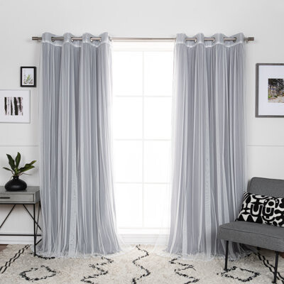 Best Home Fashion, Inc. Fabric Fusion Linen Look Printed Polyester Room Darkening And Ruched Tulle Sheer Silver Grommet Curtain Pair (Set Of 4)