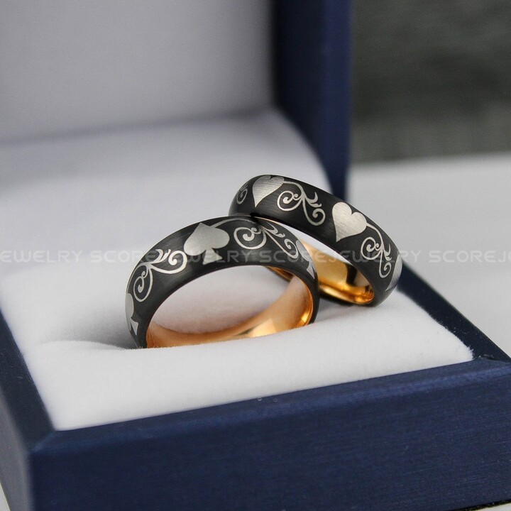 Etsy Ace Of Spades Ring Poker 2 Piece Couple Set Black Tungsten Bands Domed Edge Card Suit Pattern Wedding