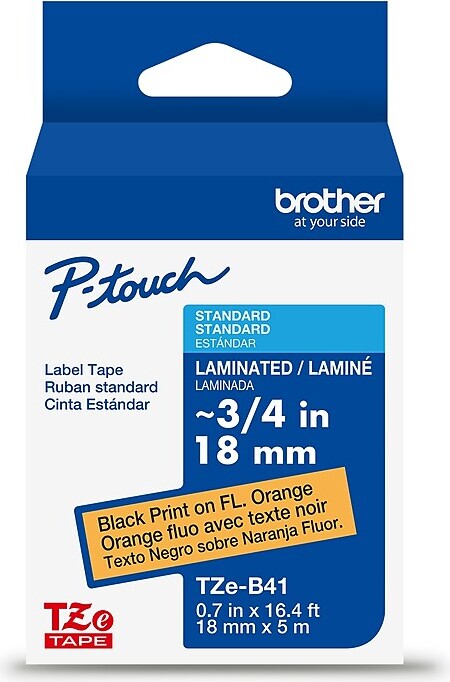 Brother P-touch Laminated Label Tape, 3/4" x 16.4', Black on Fluorescent Orange (TZeB41)