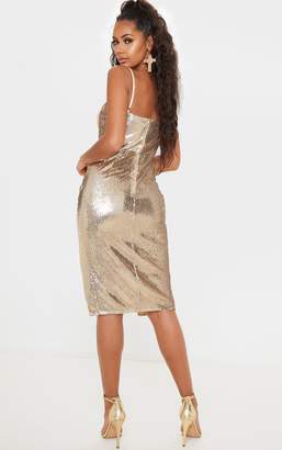 PrettyLittleThing Gold Sequin Corset Detail Strappy Midi Dress