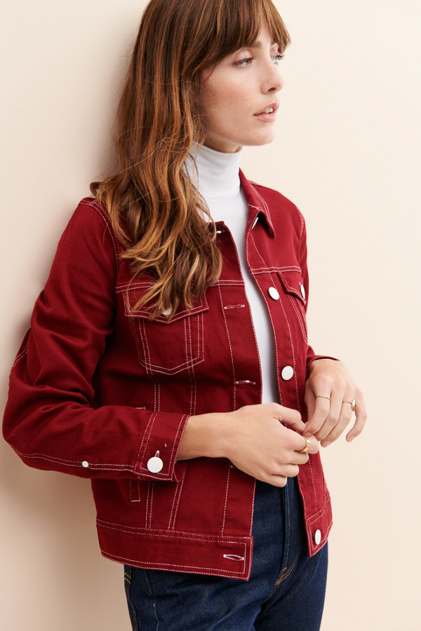 red denim sherpa jacket
