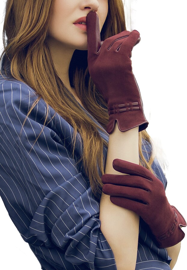 Womens Genuine Sheepskin Suede Leather Warm Lined Dress Gloves On Sale #E04 