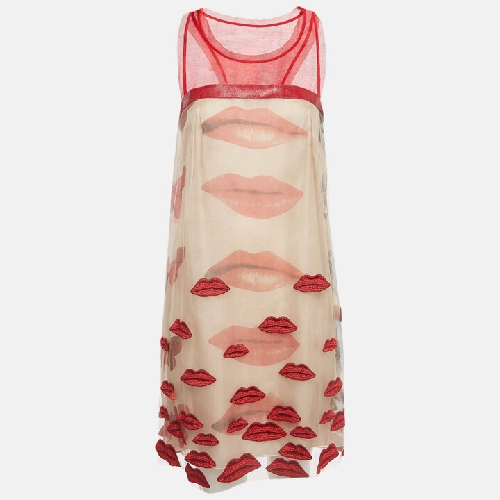 Philosophy di Alberta Ferretti Red/Beige Lip Applique Tulle Dress S