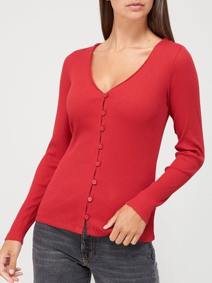 Very Long Sleeve Rib Button Front Top - Red