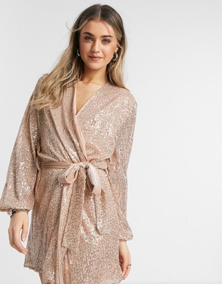 Style Cheat sequin wrap tie mini dress with balloon sleeve in rose gold