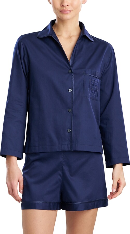 Natori Cotton Sateen Embroidered Essentials Notch Short Pajama Set