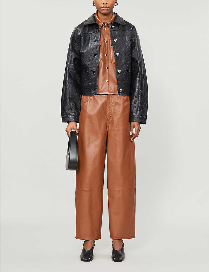 Saks Embossed branded-print leather jacket - ShopStyle