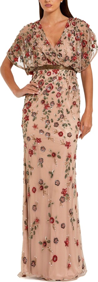 Mac Duggal Floral Embellished Short Sleeve Blouson Gown