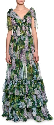 Dolce & Gabbana Tiered Hydrangea Chiffon Gown, Green