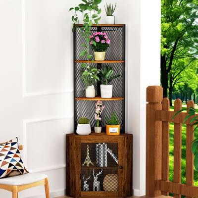 65" Corner Cabinet With Shelves, 6 Tier Display Shelf & Charging Station, Freestanding For Kitchen, Balcony Rustic Brown Doors, Storage Shelves Build,