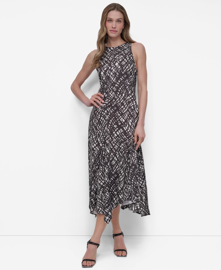 Dkny Women's Printed Crewneck High-Low Hem Midi Dress - Black/Ivory