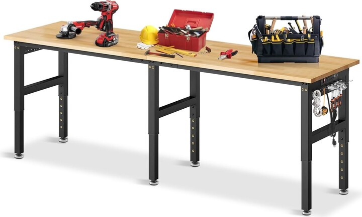 96"Adjustable Work Bench, 5000 LBS Capacity Heavy Duty Workbench with Power Outlet & Pegboard, Rubber Wood Work Table for Garage