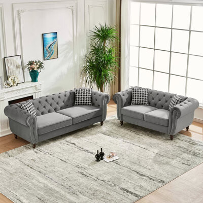 Everly Quinn 3+2 Seater Chesterfield Velvet Upholstery Sofa With Roll Armrest & Nailhead, Mid Century Modern Couch For Living Room, Office, Apartment