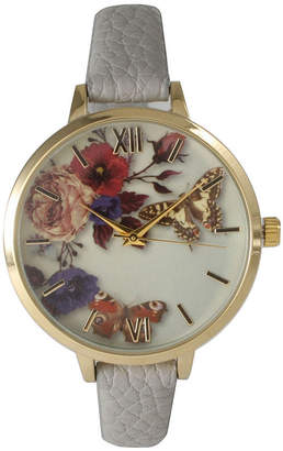 Olivia Pratt Womens Gold-Tone Butterfly And Flowers Print Dial Grey Leather Strap Watch 14962