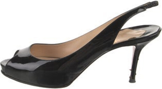 Christian Louboutin Patent Leather Slingback Sandals Black Elasticized Straps & Buckle Closure at Ankles Designer