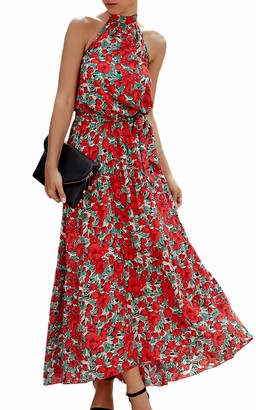 Spec4Y Womens Floral Dress Halter Neck Boho Polka Dot Print Sleeveless Casual Backless Maxi Dresses with Belt 270 Red X-Large