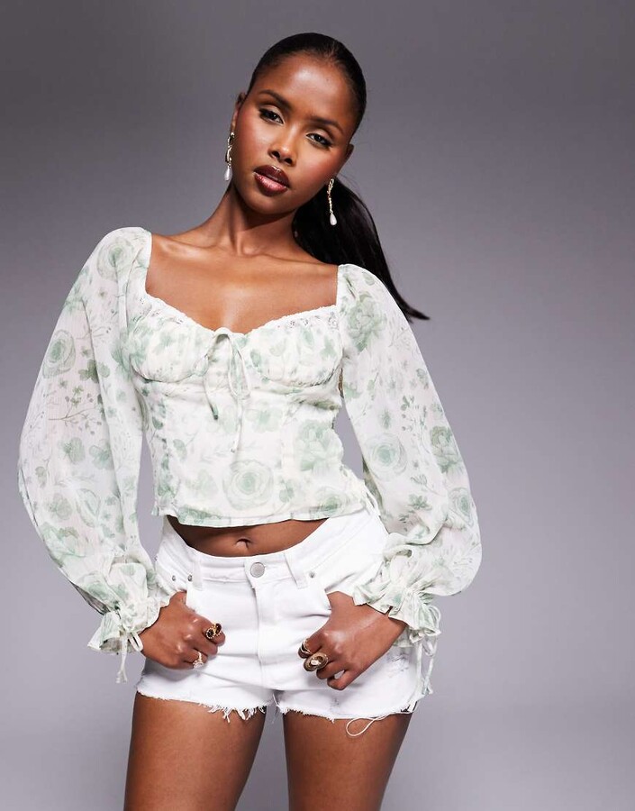 Love Triangle balloon sleeve blouse with lace trim cups in sage and cream floral