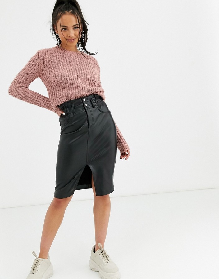 Bershka faux leather midi skirt in black - ShopStyle