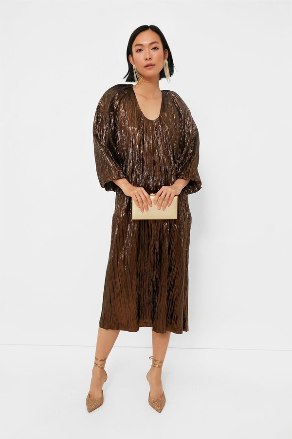 Hyacinth House Bronze Metallic Plisse Dorinda Midi Dress - ShopStyle