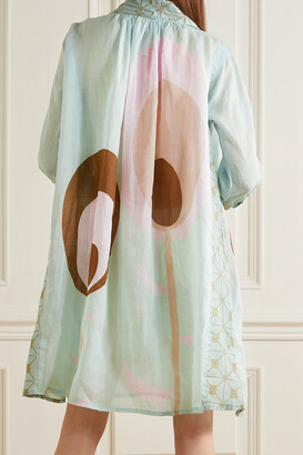 Yvonne S Pussy-bow Printed Linen Dress - Sky blue
