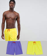 Thumbnail for your product : ASOS Design DESIGN swim shorts in retro purple & yellow mid length 2 pack multipack saving