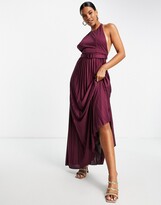 Thumbnail for your product : ASOS DESIGN halter belted pleated maxi dress in oxblood