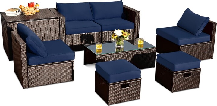 Costway 8PCS Patio Rattan Furniture Set Space-Saving Storage Cushion