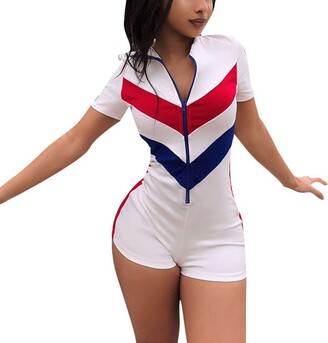 VERYCO VERYC Women's Shorts Jumpsuit Romper Sexy Short Sleeve Zipper  Bodycon Gym Yoga Sport Club Playsuit Outfit (White - ShopStyle