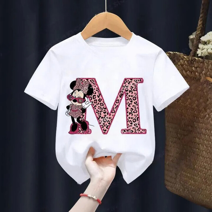 MINISO Letter A-Z Minnie Children T-Shirts Name Combination Disney Kawaii Cartoons Clothes Kids Little Boy Girl Tee Shirts Casua