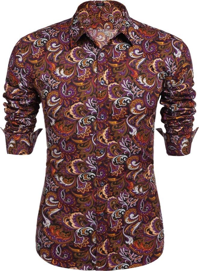 JINIDU Men's Floral Print Button Down Casual Long Sleeve Hawaiian Retro Flower  Shirt(Purple - ShopStyle