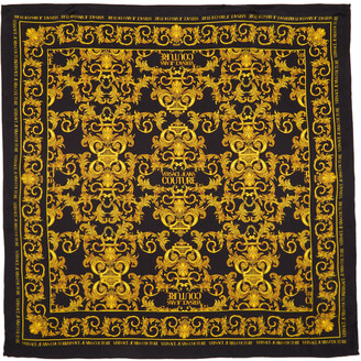 Versace Jeans Couture Black & Gold Silk Baroque Logo Scarf