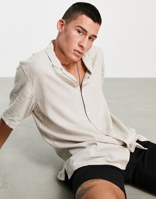 Bershka oversized linen shirt with revere collar in sand - ShopStyle