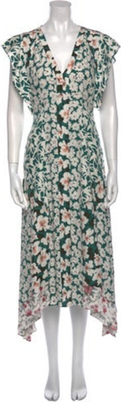 Rebecca Taylor Dress Green Floral Print Ruffle Embellishment Short Sleeve with V-Neck Concealed Zip Closure at Back Designer
