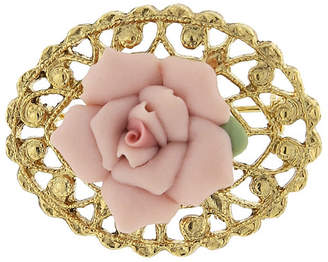 14K Gold-Dipped Pink Genuine Porcelain Rose Filigree Pin