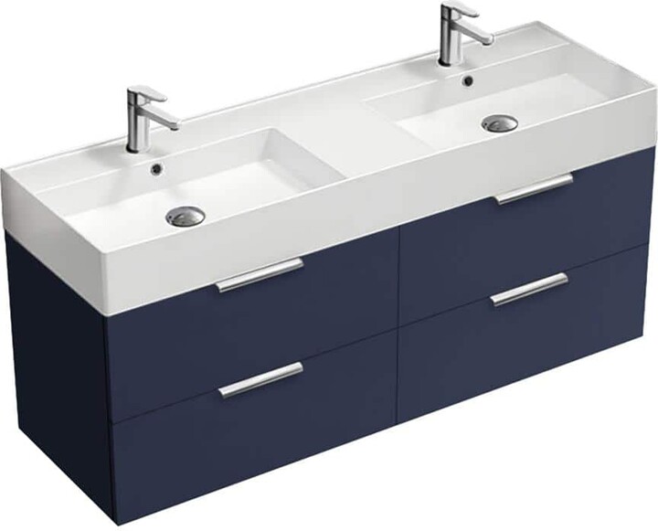 Nameeks Derin 55.51 in. W x 18.11 in. D x 25.2 in. H Modern Wall Mounted Bathroom Vanity in Night Blue with White Ceramic Top
