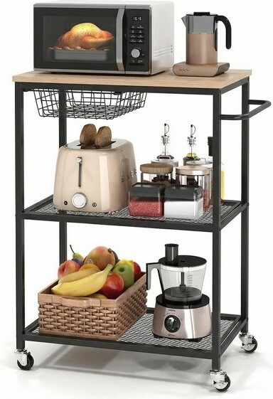 Garvee KitchenRollingCartMicrowaveStandwithLockableWheels3-TierMultifunctionalOrganizerTableIslandwithStorageforOfficeCoffeeBarBlack