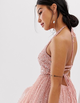 Dolly & Delicious Petite cowl front embellished mini prom dress with train in pink