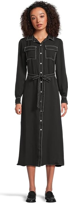 Vince Camuto Button-Up Shirt Dress with Contrast Stitching Women's Dress Rich Black : XL, Polyester