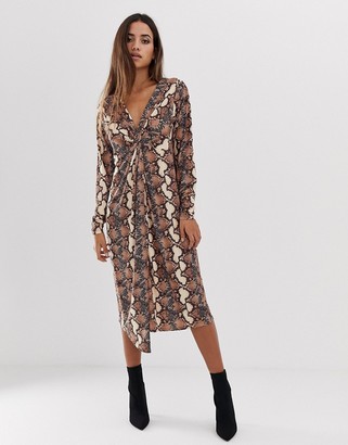 ASOS DESIGN DESIGN relaxed long sleeve midi dress with knot front in snake print
