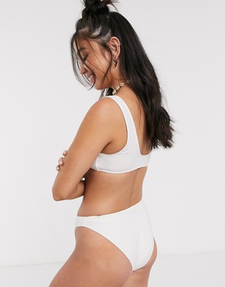 Monki recycled bikini top with tie front detail in white
