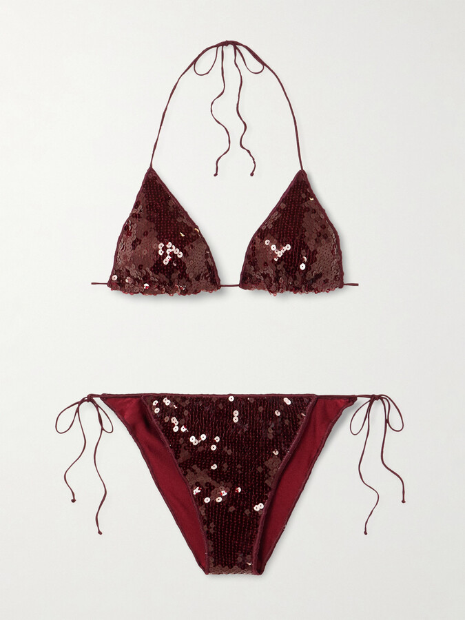 Oseree Marilyn Microkini Sequined Triangle Bikini - Burgundy