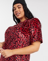 Thumbnail for your product : ASOS Curve DESIGN Curve padded shoulder short sleeve t-shirt mini dress in red velvet leopard print