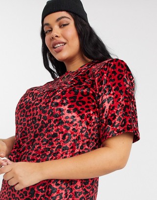 ASOS Curve DESIGN Curve padded shoulder short sleeve t-shirt mini dress in red velvet leopard print