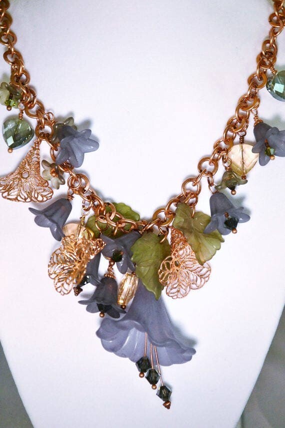 Etsy Ooak Copper & Slate Blue Fairy Flower Statement Necklace